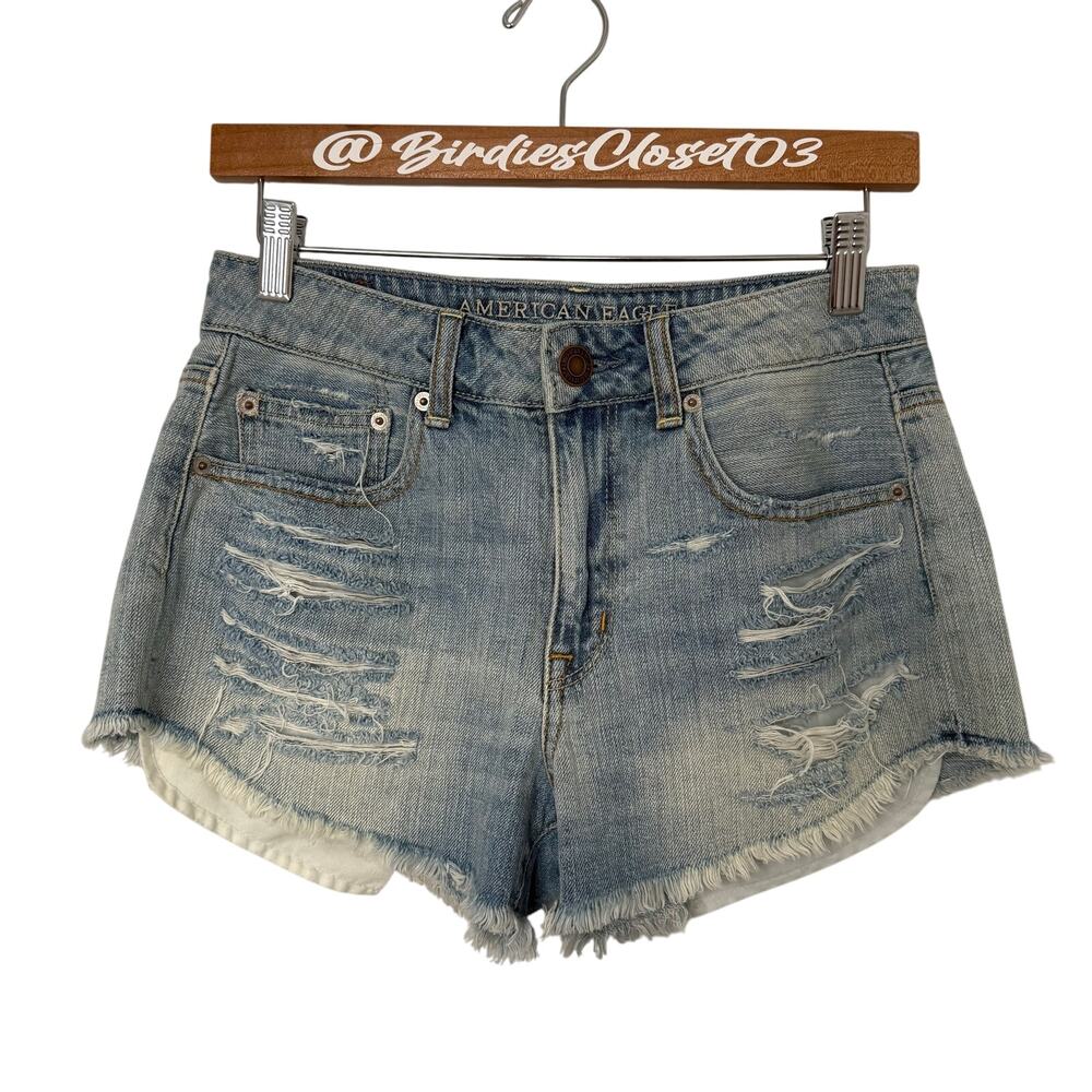 American Eagle Hi Rise Festival Boho Denim Cut Off Frayed Shorts Blue 4